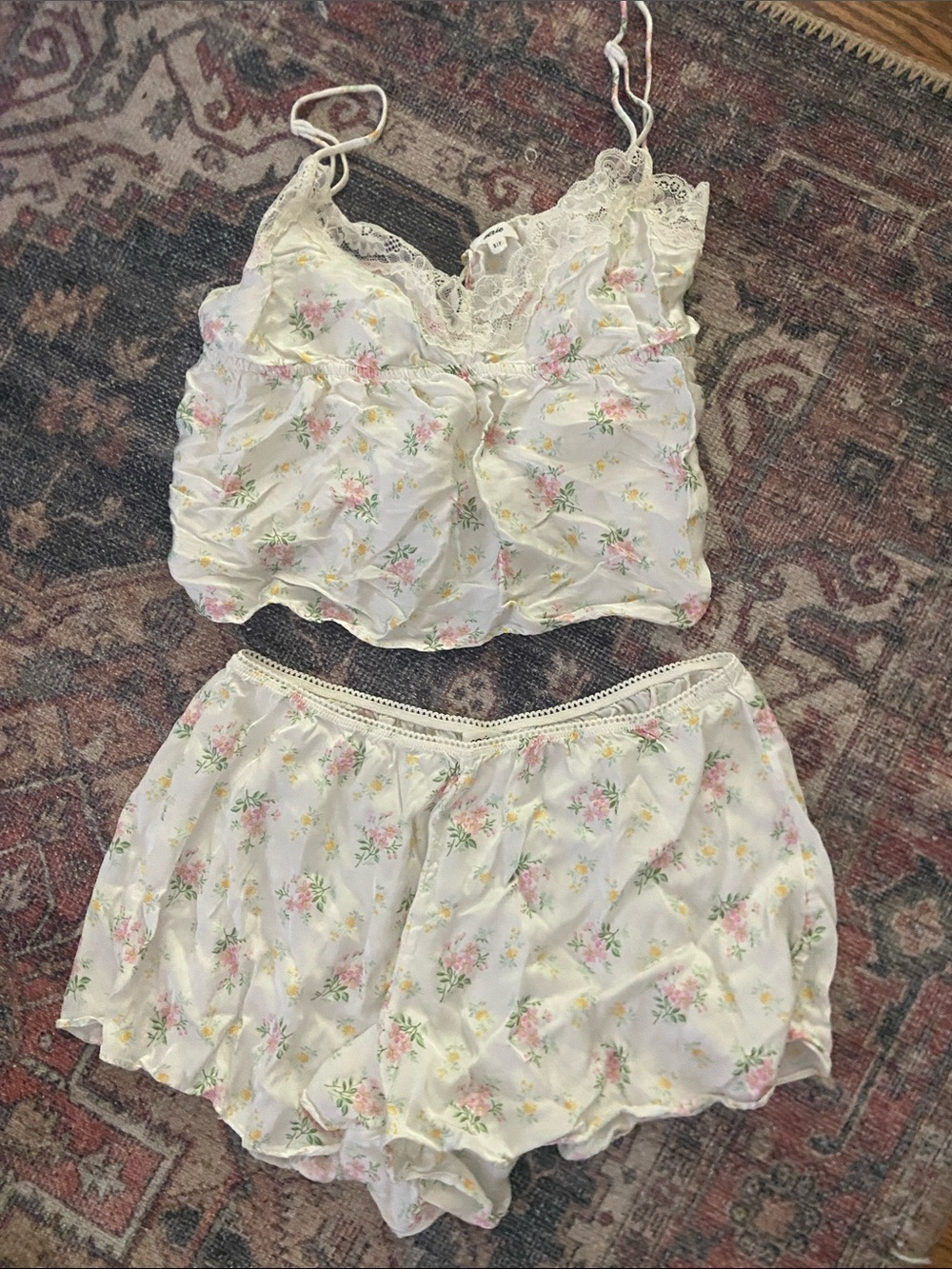 aerie Cream Floral Lace-Trim Cami & Shorts Sleep Set